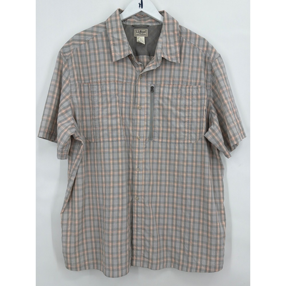 Vintage LL Bean Mens XXL Short Sleeve Plaid Fishing Hiking Shirt Grey Orange